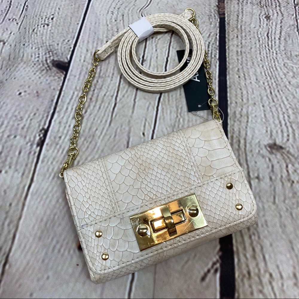 Cream & Gold Faux Snakeskin Crossbody Wallet